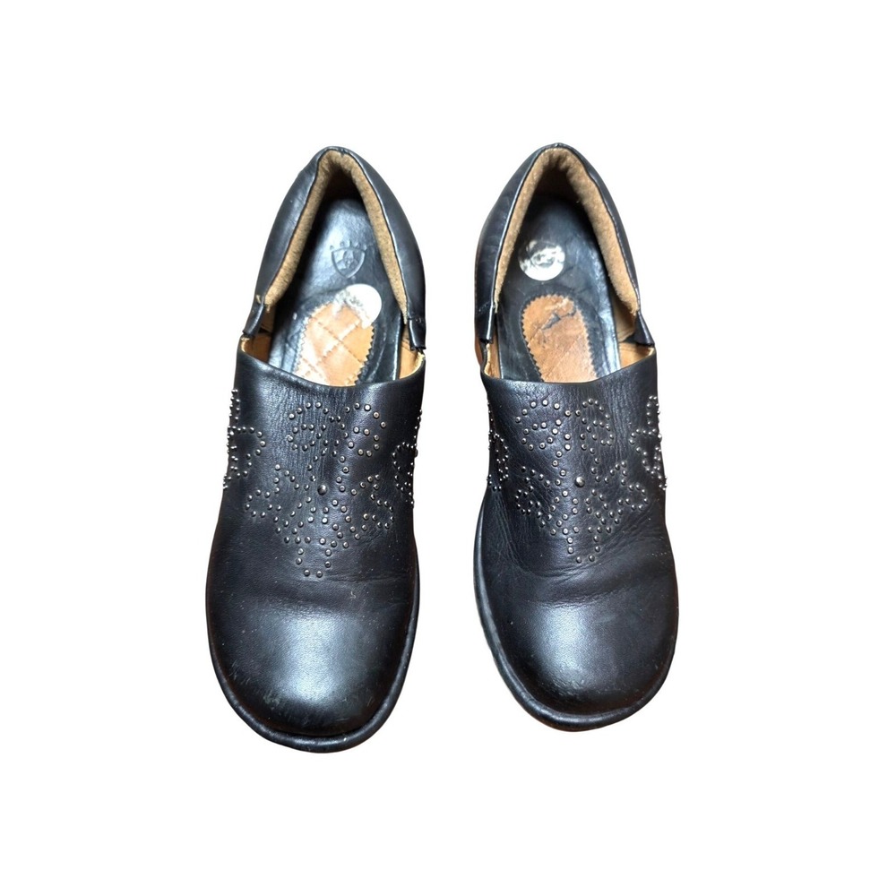 Ariat‎ Women's Black Leather Wedge Slip-On Shoes Studded Floral Design Size 9.5M